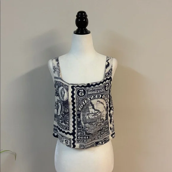 ❤️BNWT Nicole Miller Artelier linen blend postage stamp print Crop Top size S - Picture 2 of 7